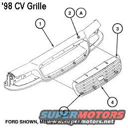 grille98.jpg '98 CV/MGM Radiator Grille Removal 
1. Remove the radiator upper sight shield (8C291).
2. Remove the five nuts retaining the radiator grille (8200) to the grille opening panel. 
3. Disengage the retaining clips by pulling forward on the lower edge of the radiator grille. 

Installation 
1. Position the studs to the radiator grille opening panel (8190). 
2. Push in the bottom of the radiator grille until the clips are fully seated. 
3. Tighten the nuts to 7-9 Nm (62-79 lb-in). 

Item  Part Number  Description  
1  8190  Radiator Grille Opening Panel  
2  N621906-S301  Nut (5 Req'd)  
3  -  Stud  
4  8200  Radiator Grille  
5  -  Clip  
A  -  7-9 Nm (62-79 Lb-In) 