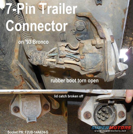 7pin93.jpg 7-Pin Trailer Connector on '93 EB Bronco
IF THE IMAGE IS TOO SMALL, click it.

Note that socket with round pins uses a different pinout than a socket with flat blades.

[url=http://www.supermotors.net/registry/media/822003][img]http://www.supermotors.net/getfile/822003/thumbnail/trailerconnectors.jpg[/img][/url]

See also:
[url=https://www.fordparts.com/FileUploads/CMSFiles/18376%20Pigtail%20Book%202016.pdf]MotorCraft 2016 Wiring Pigtail Guide[/url]