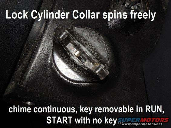 collar01.jpg This original '93 collar (using the 10-cut key) is very loose, causing several annoying problems.  With the key in RUN, push a probe up through the small hole in the lower shroud (behind the word &quot;continuous&quot;), depress the catch pin, and withdraw the cylinder assembly from the column.

[url=http://www.supermotors.net/registry/media/285906][img]http://www.supermotors.net/getfile/285906/thumbnail/02cylinder.jpg[/img][/url]

I had a spare cylinder to put in so I could turn the ignition off while I was working.

New AFTERMARKET 8-cut [url=https://www.amazon.com/dp/B01G0X6AMW/]lock cylinder set[/url] ~$70~100 (3): with black keys (2), black ignition cylinder, stainless door cylinders (2); door cylinders alone (w/keys) are [url=https://www.amazon.com/dp/B001DCECBC]Standard DL140[/url].

Ford (1L3Z-11582-A) improved 8-cut lock cylinder kit [url=https://www.amazon.com/dp/B000IYIUGO]MotorCraft SW-6383[/url] ~$60 (not the A/C clutch pressure switch with the same number)
[url=https://www.supermotors.net/registry/media/461275][img]https://www.supermotors.net/getfile/461275/thumbnail/iglockcyl99.jpg[/img][/url] . [url=https://www.supermotors.net/registry/media/1172280][img]https://www.supermotors.net/getfile/1172280/thumbnail/fordis.jpg[/img][/url]

StratTec is the OEM for the Ford kit, and its number is [url=https://www.amazon.com/dp/B01940DYZO/]707624[/url] for about half the price. The blank key is [url=https://www.amazon.com/dp/B005YNO7KW]597638[/url] for ~$2.50~6 each.

If the key or lock cylinder won't turn the vehicle OFF, read this:

[url=https://www.supermotors.net/registry/media/1172172_1][img]https://www.supermotors.net/getfile/1172172/thumbnail/actuatorpin.jpg[/img][/url]

See also: 
[url=https://www.supermotors.net/registry/media/954784][img]https://www.supermotors.net/getfile/954784/thumbnail/lockidtsb960715.jpg[/img][/url]

CONTINUE READING THE NEXT SEVERAL PAGES...