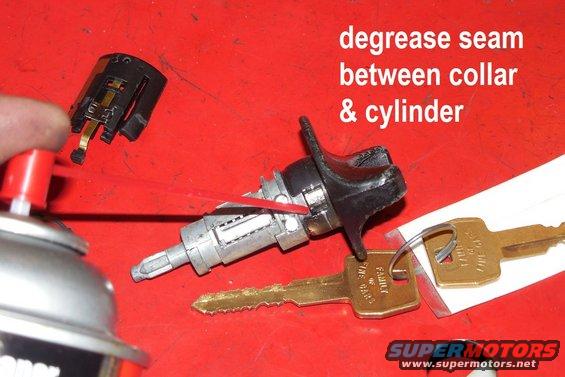 collar07.jpg Use brake cleaner liberally (in a ventilated area where the overspray & drips won't damage anything) to clean all the old grease & worn metal out of the cylinder's moving parts.  Run the key in & out several times to work the cleaner in & break up dried grease or other contamination.  Keep spraying until it runs out clean, then allow the cylinder to dry thoroughly AND return to room-temperature (or warmer).