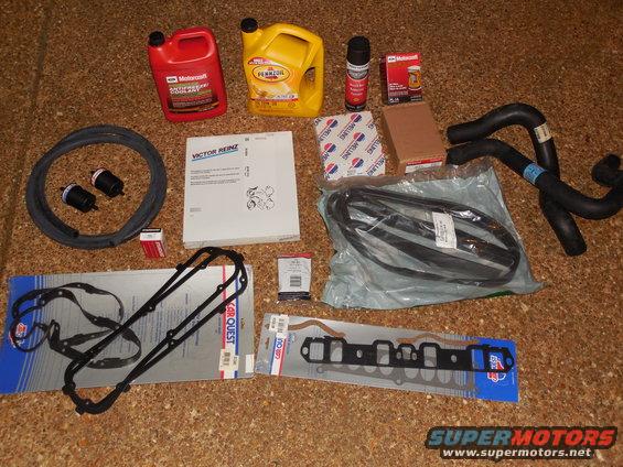 gasketc.jpg Victor MS15202W intake gasket
Victor JV1034 timing cover & water pump gaskets
Victor OS32492 oil pan gasket
Victor VS38300R valve cover gaskets
Melling 3-163SB timing gear set
MotorCraft FL1A oil filter
[url=http://www.amazon.com/dp/B000C5HR8G/]MotorCraft RS62[/url] radiator cap
MotorCraft [url=https://www.fcsdchemicalsandlubricants.com/main/quickref.asp]VC-5[/url] coolant
Gates 5/8&quot; heater hose
Standard DS538 driver's door courtesy switch
Dayco radiator hoses [url=https://www.amazon.com/dp/B000C0TCQG]71317[/url] (upper) & [url=https://www.amazon.com/dp/B000C0UNJQ]71040[/url] (lower) (now replaced by Continental 5003)
Magnefine 5/16&quot; & 3/8&quot; filters for ATF & PSF
MotorCraft BR-41-B brake pads
Precision GRB2130 80 tailgate glass run for camper shell
Rustoleum 248657 rubberized undercoating (~6 cans)
Pennzoil 10W40