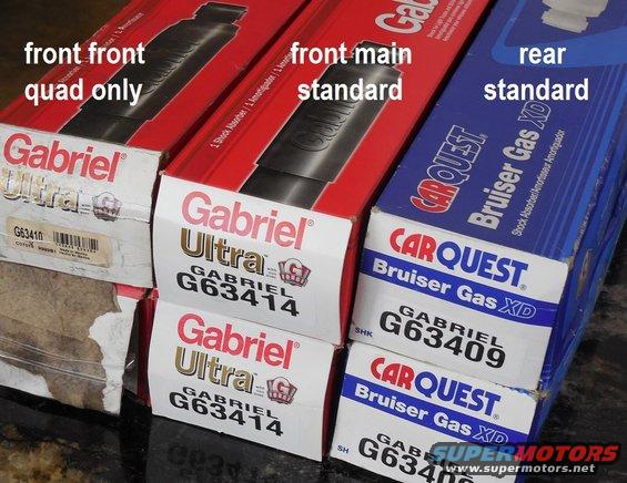 gabrielshocks.jpg Gabriel Shocks for '80-96 Broncos/F150s
Quad front-front [url=https://www.amazon.com/dp/B000E8X5GY]G63410[/url] (replaces Ford F4TA18045PA)
Standard front [url=https://www.amazon.com/dp/B000E8OV0S]G63414[/url] (replaces Ford F4TA18045VA)
Standard rear [url=https://www.amazon.com/dp/B000E8OV0I]G63409[/url] (replaces Ford F4TA18080VA)

See also:
[url=https://www.supermotors.net/registry/media/1171928][img]https://www.supermotors.net/getfile/1171928/thumbnail/shocksgabenergy.jpg[/img][/url] . [url=https://www.supermotors.net/registry/media/71666][img]https://www.supermotors.net/getfile/71666/thumbnail/shocks.jpg[/img][/url] . [url=https://www.supermotors.net/registry/media/148245][img]https://www.supermotors.net/getfile/148245/thumbnail/shock-studs.jpg[/img][/url]