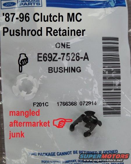 52clutchclip.jpg The pushrod keeps popping off the pedal lever, and I'm pretty sure it's because the bushing supplied with the MC is too soft.  But it might be that the lever is bent.  The lever for '87-97 hydraulic is E7TZ7A554A .

[url=http://www.supermotors.net/registry/media/992737][img]http://www.supermotors.net/getfile/992737/thumbnail/mastert.jpg[/img][/url]


UPDATE: Turns out this bushing wasn't the root cause; it was the pedal shaft bushing...

[url=http://www.supermotors.net/vehicles/registry/media/1040132][img]http://www.supermotors.net/getfile/1040132/thumbnail/52clutch3.jpg[/img][/url]