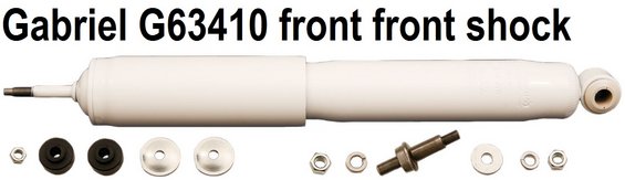 gabrielg63410.jpg This shock fits the front front of quad front shock suspensions at stock height, and includes a replacement lower stud (which I've never needed).

Quad front-front [url=https://www.amazon.com/dp/B000E8X5GY]G63410[/url] (replaces Ford F4TA18045PA)
Standard front [url=https://www.amazon.com/dp/B000E8OV0S]G63414[/url] (replaces Ford F4TA18045VA)
Standard rear [url=https://www.amazon.com/dp/B000E8OV0I]G63409[/url] (replaces Ford F4TA18080VA)

I prefer to replace the supplied rubber bushings with black Energy poly bushings before installation.

[url=https://www.supermotors.net/registry/media/1168529][img]https://www.supermotors.net/getfile/1168529/thumbnail/shockeyepoly.jpg[/img][/url]