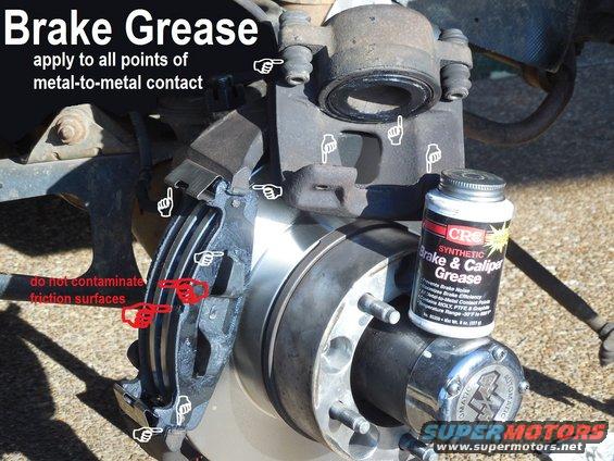 brakegreasef.jpg After cleaning to the bare metal, brake grease goes at each white pointer, including inside each slide pin boot.  DO NOT apply grease to any location in a quantity that could contaminate the friction surfaces.  A thin film is sufficient.

[url=https://www.supermotors.net/registry/media/919513][img]https://www.supermotors.net/getfile/919513/thumbnail/06greases.jpg[/img][/url] . [url=https://www.supermotors.net/registry/media/1123767][img]https://www.supermotors.net/getfile/1123767/thumbnail/brake_rear_drum.jpg[/img][/url] . [url=https://www.supermotors.net/registry/media/1172289][img]https://www.supermotors.net/getfile/1172289/thumbnail/drumpads.jpg[/img][/url]