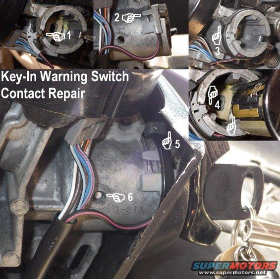 buzzkey.jpg Key-In Contact Repair

[url=https://www.supermotors.net/registry/media/1092884][img]https://www.supermotors.net/getfile/1092884/thumbnail/chimecircuit.jpg[/img][/url]

If the key buzzer/chime is always on (even when the key is out & the cylinder bezel is properly aligned) or if the [url=http://www.revbase.com/BBBMotor/Wd/DownloadPdf?id=2016]horn[/url] blows intermittently ('94-95 only), then the contact has probably come loose from the steering column, and is grounding against it (1).  With the cylinder assembly & column shroud removed, the contact belongs fully in the channel under the cylinder with its upper tab hooked over the column's debossment (2).  The tab commonly breaks, but even if it's intact, it's a weak retention method which can be improved easily by the addition of a zip-tie (3).  Ensure the contact touches the switch on the cylinder when the cylinder is inserted (4).  Finally, ensure the zip-tie does not interfere with the column shroud (5).

The lock cylinder catch pin (6) is accessible through a small hole (noticeably smaller than the screw holes) in the bottom of the column shroud, and can be depressed only when the key is in RUN.  Then the cylinder can be extracted with the key.

[url=https://www.supermotors.net/registry/media/1142320][img]https://www.supermotors.net/getfile/1142320/thumbnail/20181023_143827.jpg[/img][/url] 

If the key or lock cylinder won't turn the vehicle OFF, read this:

[url=https://www.supermotors.net/registry/media/1172172_1][img]https://www.supermotors.net/getfile/1172172/thumbnail/actuatorpin.jpg[/img][/url]

See also: 
[url=https://www.supermotors.net/registry/media/954784][img]https://www.supermotors.net/getfile/954784/thumbnail/lockidtsb960715.jpg[/img][/url]

GO TO THE NEXT several pics & captions for lock cylinder repair...