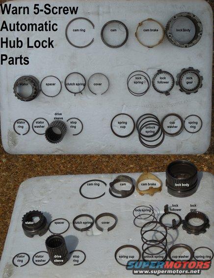 autolock5brkdn.jpg This lock was rusty & didn't fully engage, when I was able to force it to move.  So I stripped it down, soaked all the parts in kerosene for a while, and then wire-brushed each one so I could figure out how it works, and if it was repairable.  Turns out there's virtually no damage under the rust & grime that I removed, so I'm putting this one in my truck.
IF THE IMAGE IS TOO SMALL, click it.

UPDATE 5/31/16: It has been working reliably for over a year now, including frequent off-roading, pushing trees down, and even knocking a few stumps out of the ground.

Disassembly:
1) After removing the lock body assembly from the hub, wipe the grease off.  Rinse in solvent (kerosene, mineral spirits, or parts cleaner) to remove as much residue as possible.
2) From the inboard end, use external snap ring pliers to expand the stator ring and push the sleeve through the body assembly. Tilt the stator assembly and lift the clutch spring tips out of the cam brake slot.
3) Remove the clutch spring cover, clutch spring, & spacer from the stator.
4) Use a pick to lift one end of the cam ring out of its groove, and work the ring out of the body.
5) Lift the cam lip opposite the brake slot, then lift the cam over the brake and out of the body.
6) Work the brake's tabs out of the body grooves, and lift out the brake.
7) Dump the sleeve assembly out of the lock body.
8 ) From the outboard end, compress the cup washer, pry out the spring ring, and remove the unlock spring from the sleeve.  Remove its cup.
9) Push the stop ring out of the sleeve's groove, and remove it between the lock spring's coils.
10) Slide the sleeve out of the follower & gear.
11)Pry one of the follower's tangs over the lip of the gear, then the other, and allow the lock spring to separate them.

Clean all parts thoroughly, wire-brushing as needed to remove hardened grease, dirt, & rust scale.  Wash in solvent, allow to dry, then apply a thin coat of disk-brake-rated (NOT marine) wheel bearing grease using a brush or by working mating parts together.  Smooth & spread the grease by hand, and remove any excess.  Assembly is the reverse of disassembly, but it may be necessary to install the unlock spring last so the lock body can be held in the hub.  For final lubrication & any subsequent light cleaning, submerge the lock body assembly in ATF every 30Kmi.

[url=http://www.supermotors.net/registry/media/72047][img]http://www.supermotors.net/getfile/72047/thumbnail/b35.jpg[/img][/url] . [url=http://www.supermotors.net/registry/media/895156][img]http://www.supermotors.net/getfile/895156/thumbnail/hublock5scrx.jpg[/img][/url] . [url=http://www.supermotors.net/registry/media/170464][img]http://www.supermotors.net/getfile/170464/thumbnail/autolock5screw.jpg[/img][/url] . [url=http://www.supermotors.net/registry/media/757655][img]http://www.supermotors.net/getfile/757655/thumbnail/autolock8593.jpg[/img][/url] . [url=http://www.supermotors.net/registry/media/479613][img]http://www.supermotors.net/getfile/479613/thumbnail/autolock5parts.jpg[/img][/url] . [url=http://www.supermotors.net/registry/media/470241][img]http://www.supermotors.net/getfile/470241/thumbnail/autohublocksop.jpg[/img][/url] . [url=http://www.supermotors.net/registry/media/470473][img]http://www.supermotors.net/getfile/470473/thumbnail/tsb970628motoringtorque.jpg[/img][/url] . [url=http://www.supermotors.net/registry/media/701808][img]http://www.supermotors.net/getfile/701808/thumbnail/spanners.jpg[/img][/url]