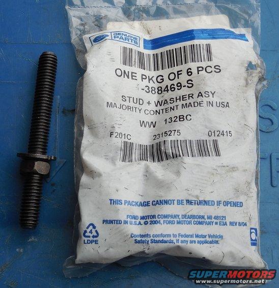 exhmanbolt.jpg One of the exhaust manifold bolts broke, and rather than try to get another at the JY, I bought a new pack of 388469S (long bolt, long stud). The long bolt w/short stud is 386197S; long bolt without stud is 381732S.
Short w/stud is 389201-S; short w/o is 392016-S4301.

Aftermarket replacement sets are also available for 5.0L/5.8L: Left [url=https://www.amazon.com/dp/B00068PTH0]Dorman 03405[/url]; Right [url=https://www.amazon.com/dp/B0094ECO20]Dorman 03407B[/url] or [url=https://www.amazon.com/dp/B00068OITK]Dorman 03407[/url]

[url=http://www.supermotors.net/registry/media/1056534][img]http://www.supermotors.net/getfile/1056534/thumbnail/exmanbolts.jpg[/img][/url]

These should have Nickel (high-temp) anti-seize applied during assembly.

[url=https://www.supermotors.net/registry/media/1083968][img]https://www.supermotors.net/getfile/1083968/thumbnail/antiseizes.jpg[/img][/url]

Y-pipe flange stud & nut

[url=https://www.supermotors.net/registry/media/1168560][img]https://www.supermotors.net/getfile/1168560/thumbnail/exmanflghdwr.jpg[/img][/url]

Spark plug heat shield  F2UZ12A406A/[url=https://www.amazon.com/dp/B000O01HP8]F4TZ12A406BA[/url]