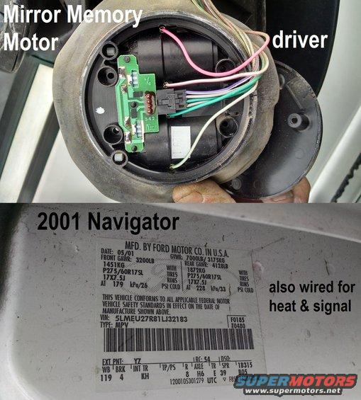 mirmeo.jpg I pulled a pair of mirror memory motors & wiring harnesses from an '01 Navigator.  They fit directly into the '92-97 flag-mount mirrors, but will require extensive wiring mods & a module for the memory function to work.