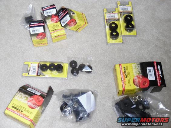 energyswayshock.jpg Front & rear sway bar bushings, shock bushings, and tie rod end boots for '92-96 Bronco w/quad front shocks.
IF THE IMAGE IS TOO SMALL, click it.

[url=https://www.supermotors.net/registry/media/1171928][img]https://www.supermotors.net/getfile/1171928/thumbnail/shocksgabenergy.jpg[/img][/url]

4x [url=https://www.amazon.com/dp/B000CN9DEO]9.8141G[/url] (all lower shock eyes & rear upper)
2x [url=https://www.amazon.com/dp/B000CN7CEC]9.8101G[/url] (front shock tops)
1x [url=https://www.amazon.com/dp/B08GH4WY8Z]4.9108G[/url] (coil pads)
2x [url=https://www.amazon.com/dp/B000CN7B5C]9.13101G[/url] (tie rod end boots)
1x [url=https://www.amazon.com/dp/B000CN9AIS]4.7110G[/url] (radius arms)
1x [url=https://www.amazon.com/dp/B000CN7904]4.5106G[/url] (front 1&quot; bar & end links)
NOT SHOWN
2x [url=https://www.amazon.com/dp/B000CN940W]2.2111G[/url] (shackles FOR FABRICATED ENGINE/TRANS MOUNTS)
1x [url=https://www.amazon.com/dp/B000CN5CHG]4.4109G[/url] (body mount kit)
1x [url=https://www.amazon.com/dp/B000CN78NC]4.3133G[/url] (axle pivots)
1x [url=https://www.amazon.com/dp/B000CN799U]4.5123G[/url] (rear 7/8&quot; bar & end links)
1x [url=https://www.amazon.com/dp/B000CN98JO]4.2114G[/url] (leaf springs w/sleeved shackle bushing)
1x [url=https://www.amazon.com/dp/B000CN98SA]4.2140G[/url] (leaf springs w/molded shackle bushing)
1x [url=https://www.amazon.com/dp/B01M3MQNPU]4.9106G[/url] (large swingaway strike sleeve)

For a seized bolt:
[url=https://www.supermotors.net/registry/media/890935][img]https://www.supermotors.net/getfile/890935/thumbnail/15boltpress.jpg[/img][/url]

Look up your vehicle here:
http://energysuspension.com/parts-search.html
Then shop ebay, Amazon, & Google for the best prices.

GO TO THE NEXT FEW PAGES...