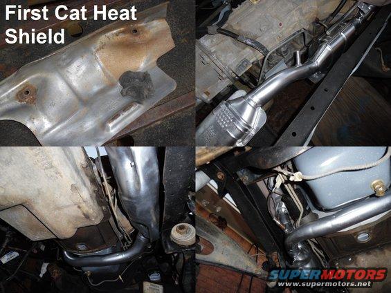 08muffler23y.jpg The new cat already had a heat shield, but it's not as large or correct as the factory shield.  With some steel wool, most of the mud came off the original aluminizing, so I skipped the primer and just painted it.  New tabs had to be welded onto the cat to allow the air pipe & shield to mount.  It was bent from before, so it took some effort to smooth it out, and then make it clear the frame after installation.  But it will protect the transmission, the cooling lines, and the (poly) radius arm bushing from the converter's heat.

I plan to replace that HEGO with a new DY-731 (F4UZ-9F472-A) when I can find one at a reasonable price.