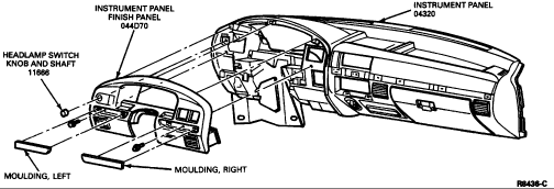 dashpanel-removal.gif 1.Remove the two exposed screws under the right and left moulding.

2.Unsnap five retaining clips by pulling the instrument panel finish panel rearward starting with the two at the steering column (one each side) and then the three at top of instrument panel finish panel.

3.Disconnect the wiring connectors from instrument panel finish panel.