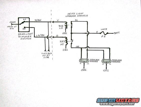 -diagram2-headlight-control-wiring-mod.jpg This modification eliminates the long wiring path for headlight power which makes them dim and not too effective.  With this modification the headlights receive power directly from the battery and use the original high/lo connections as the trigger for the relays.