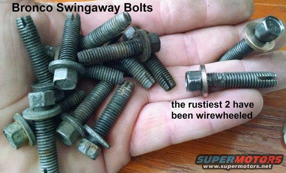 swingawaybolts.jpg '78-96 Bronco Swingaway Tire Carrier & Strike Bolts
IF THE IMAGE IS TOO SMALL, click it.

M8x1.25 self-tapping w/10mm head & captive 18mm washer

See also:
[url=https://www.supermotors.net/registry/media/894887_1][img]https://www.supermotors.net/getfile/894887/thumbnail/swingawaysexploded.jpg[/img][/url]