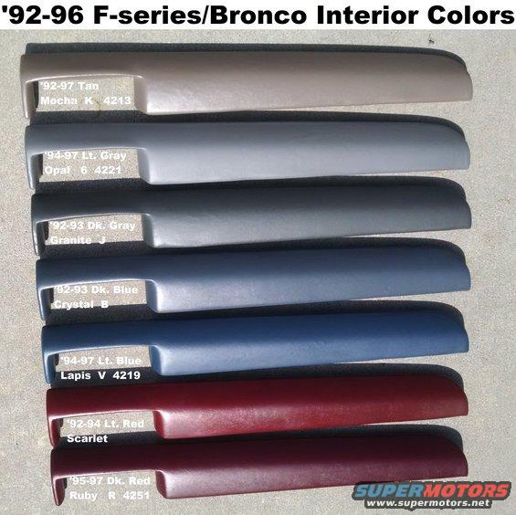 dashpads7a1.jpg '92-96 F-series/Bronco Interior Colors & Codes
IF THE IMAGE IS TOO SMALL, click it.

The letter code is from the VC label BODY or INT field; the number code is a parts suffix.
'92-93 red is Scarlet D; '94-97 red is Ruby R 4251.

Beginning around 2020, Jeffrey Amoroso in Rising Sun, MD, re-upholsters these for a couple hundred dollars, minus quite a bit for your core. Look for him in several FB groups for these old trucks.