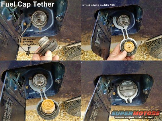 captthr.jpg Fuel Cap Tether grommets are all degraded by now, and I haven't found replacements for them.  But I was able to find a different-style tether that fits perfectly and should last longer.  It might even work with locking gas caps.