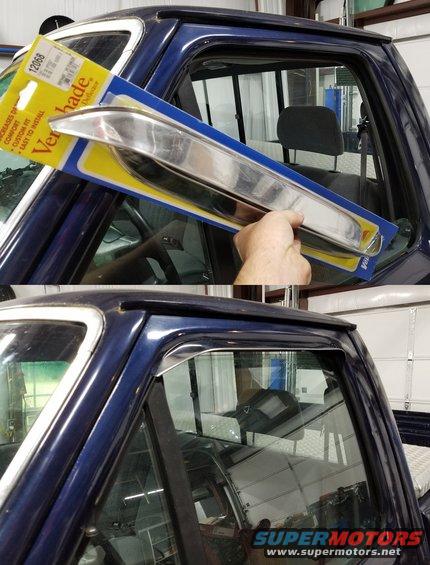 ventshades.jpg Now I can vent the truck without letting rain in.

[url=https://www.amazon.com/dp/B0001EX6OM]AVS VentShades 12068[/url] stainless screw
[url=https://www.amazon.com/dp/B000CQDI9M]AVS VentShades 12688[/url] stainless tape
[url=https://www.amazon.com/dp/B000CQDIGK]AVS VentShades 32068[/url] black screw
[url=https://www.amazon.com/dp/B000CQDIJ2]AVS VentShades 52068[/url] wide black screw
[url=https://www.amazon.com/dp/B000JKKM7M]AVS VentShades 192068[/url] smoke plastic in-channel
[url=https://www.amazon.com/dp/B0001EVUDQ]AVS VentShades 92068[/url] smoke plastic surface