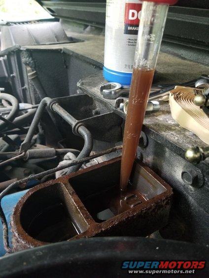 20190714_105039.jpg This is not only a result of the same neglect that caused the brakes & hub locks not to work - it's also a cause of some of the problems.  All that water in the fluid is rusting out not only the master cylinder (which is being replaced), but also the lines, and the wheel cylinders.  After emptying & tossing the MC, I pulled the wheel cylinders and flushed all the lines with brake cleaner to get everything out.  They'll be dry before any fluid goes back in.  That new bottle of DOT3 will stay sealed until then.

IF THE IMAGE IS TOO SMALL, click it. 