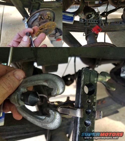 20190718_181834.jpg The RHR brake line was bent in several places, including immediately behind the wheel cylinder's tube nut, preventing it from sliding back.  I straightened it gently, but it sheared when I unscrewed the nut.  So I cut it back, straightened it as I slid the new tube nut on (gold in the background), and flared the end.

IF THE IMAGE IS TOO SMALL, click it. 

[url=https://www.supermotors.net/registry/media/1045884][img]https://www.supermotors.net/getfile/1045884/thumbnail/brakelineflare.jpg[/img][/url]