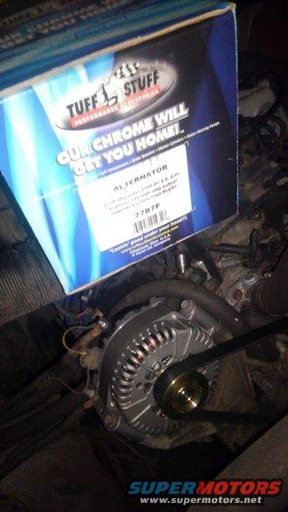 kimg0121.jpg replaced my old 130amp alternator for a Tuff Stuff 7787F 225amp alternator. wanted the extra power to help power my winch

i did have to swap to a smaller pulley to get it to charge correctly at idle. not now it will produce plenty of power at idle for when im winching