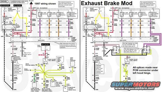 exhaustbrakemod.jpg '97 7.3L Exhaust Brake Modification
IF THE IMAGE IS TOO SMALL, click it.

Note that, because the BOO circuit is always hot, the mod relays will click even with the key OFF.  And they will work with the truck in PARK or NEUTRAL.  A disable switch could (should?) be added between the original BOO circuit and the relays.