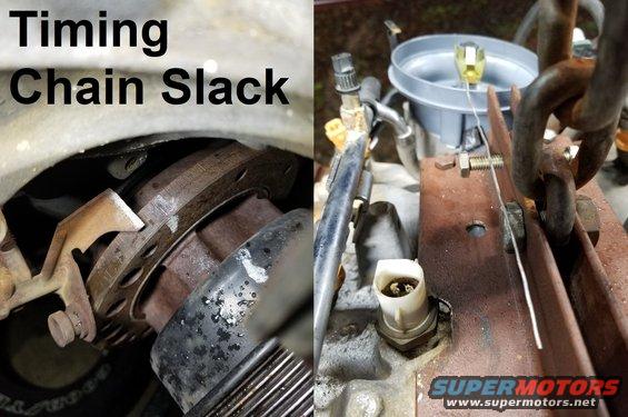 20200123_173533.jpg This engine's timing chain slack is about 3 degrees with about 124K miles, so not enough to worry about.
IF THE IMAGE IS TOO SMALL, click it.

To check slack, remove the distributor cap & rotor, turn the engine forward until the pointer is at exactly 0 degrees (TDC), install a long pointer wire on the distributor shaft, then turn the engine backward VERY slowly just until the wire barely begins to move. Then read the chain's slack in degrees from the timing scale. My opinion is that ~2~5 degrees slack is OK.

5.0L/5.8L Timing Pointer F1TZ6023A/E3AZ6023A, Jegs [url=https://www.jegs.com/i/JEGS/555/50309/10002/-1]55550309[/url]

See also:
[url=https://www.supermotors.net/registry/media/248051][img]https://www.supermotors.net/getfile/248051/thumbnail/compression-pressures.jpg[/img][/url] . [url=https://www.supermotors.net/registry/media/72461][img]https://www.supermotors.net/getfile/72461/thumbnail/valleygunk.jpg[/img][/url] . [url=https://www.supermotors.net/registry/media/309274][img]https://www.supermotors.net/getfile/309274/thumbnail/fuelpumpecc.jpg[/img][/url] . [url=https://www.supermotors.net/registry/media/965006][img]https://www.supermotors.net/getfile/965006/thumbnail/timing49.jpg[/img][/url] . [url=https://www.supermotors.net/registry/media/1130518][img]https://www.supermotors.net/getfile/1130518/thumbnail/smallblockoiling.jpg[/img][/url] . [url=https://www.supermotors.net/registry/media/1157763][img]https://www.supermotors.net/getfile/1157763/thumbnail/20200229_111753.jpg[/img][/url] . [url=https://www.supermotors.net/registry/media/1157804][img]https://www.supermotors.net/getfile/1157804/thumbnail/20200302_104852.jpg[/img][/url] . [url=https://www.supermotors.net/registry/media/1157937][img]https://www.supermotors.net/getfile/1157937/thumbnail/20200305_104419.jpg[/img][/url]