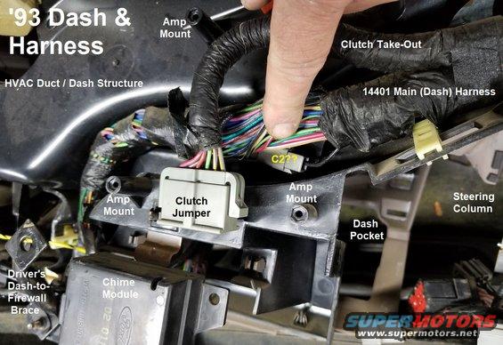 cppjumper.jpg Clutch Pedal Position (CPP) Switch Jumper & other '92-96 dash features
IF THE IMAGE IS TOO SMALL, click it.
Although not shown in the EVTM's wiring diagrams, trucks with auto trans use a jumper in the CPP connector, which is stored on the front of the dash structure above the accelerator pedal.

[url=https://www.supermotors.net/registry/media/72352_1][img]https://www.supermotors.net/getfile/72352/thumbnail/dashconnectors93a.jpg[/img][/url] . [url=https://www.supermotors.net/registry/media/498382_1][img]https://www.supermotors.net/getfile/498382/thumbnail/dash9496components.jpg[/img][/url]

The unnamed connector (C2??) is in the return (ground) circuit between Splice 207 (for the instrument cluster, ig.sw., & HVAC illumination) and Splice 202 (ultimately leading to G201).

[url=https://www.supermotors.net/registry/media/907047_1][img]https://www.supermotors.net/getfile/907047/thumbnail/grounds93b.jpg[/img][/url]