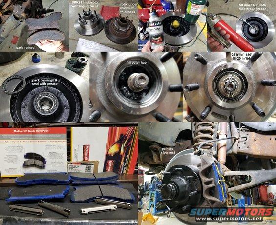 20200519_225509.jpg The pads & rotors were ruined. The Right pads looked baked, but at this point, I can't tell if it's due to all the visible problems, or the caliper is seized. So I ordered some Timken (OEM) bearings ([url=https://www.amazon.com/dp/B000BZAAWM]Set 47[/url] inner & [url=https://www.amazon.com/dp/B07FL11S5P]Set 471[/url] outer) for the Right side, [url=https://www.amazon.com/dp/B00130FRTU]Ford E0TZ-1190-E wheel seals[/url], [url=https://www.amazon.com/dp/B000EQ82VY]BRSD450 super-duty pads[/url], & [url=https://www.amazon.com/dp/B00OAKDGQ6]MotorCraft BRR211 rotors[/url]. I found [url=https://www.amazon.com/dp/B000CQ6L64]Valvoline Ford wheel bearing grease (VV633)[/url] at the local O'Reilly's.
IF THE IMAGE IS TOO SMALL, click it.

UPDATE: on the test drive, the RHF brakes were dragging, so I'm ordering a Motorcraft BRC2RM Caliper (which was surprisingly-difficult to find).