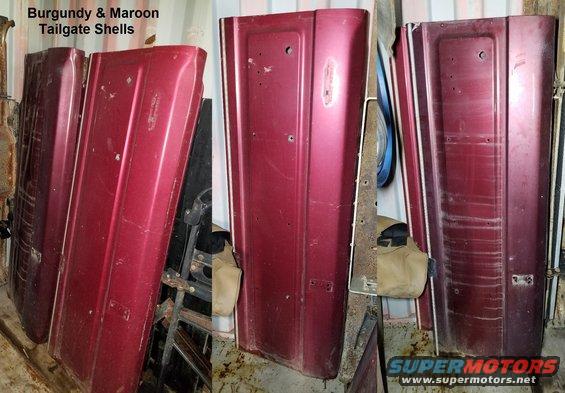 tailgatesburgmrn.jpg Junkyard reddish tailgate shells E8TZ-9840700-A
SOLD both.
IF THE IMAGE IS TOO SMALL, click it.

Actual dimensions: 71 lbs. 67x24x7&quot;
Approximate shipping dimensions (in cardboard box): 80 lbs 69x25x9&quot;
Approximate shipping dimensions (in wood crate): 98.5 lbs 70x 27x10&quot.