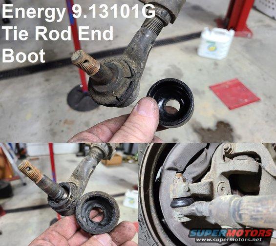 treboot.jpg The boots are shot, but the tie rod ends are still tight & smooth, so I swapped on some [url=https://www.amazon.com/dp/B000CN7B5C]Energy 9.13101G[/url] polyurethane boots, and then greased them.