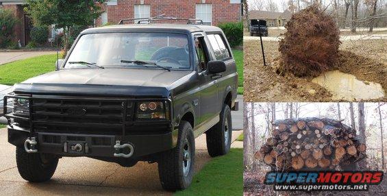 bumper83s.jpg The completed bumper has stood up better than I expected. It's strong enough for a double-line pull at full-stall on the 12,000 lb winch with 2 batteries & the alternator pushing current through it; and the grill guard won't bend knocking trees down, or hauling them stacked higher than the hood.
IF THE IMAGE IS TOO SMALL, click it.