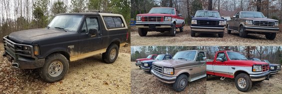 broncofs.jpg The current stable, as of March 2021.

My [url=https://www.supermotors.net/registry/2742#album]'83(93) Bronco[/url] is still my beater, but I have to keep them all rolling, so it doesn't get driven nearly as much as when it was my only truck. I plan to keep the [url=https://www.supermotors.net/registry/28955/88460-4]'97 F250HD XLT 4WD 7.3L PSTD[/url] for towing that travel trailer in the background; I plan to keep the [url=https://www.supermotors.net/registry/23144/88029-4]'95 F150 XL 2WD 4.9L[/url] because it's fun to drive; but I plan to sell the [url=https://www.supermotors.net/registry/28949/88436-4]'93 F250 XLT 2WD 5.8L X-cab[/url] with its natural patina (hence the nickname &quot;Tina&quot;) after I get everything working right on it.