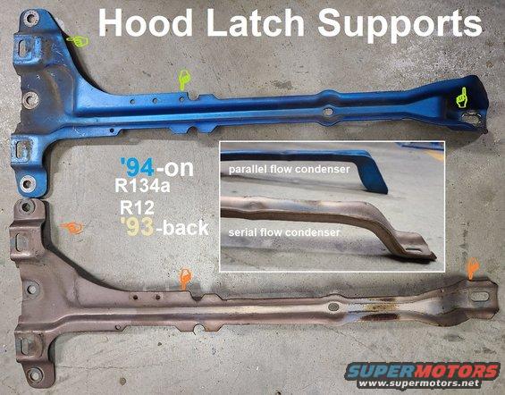 hoodlatchsptdifs.jpg Hood Latch Support differences mean that the '94-97 HFC134a parallel-flow condenser does not fit behind the older support. But either condenser fits behind the later support.

[url=https://www.supermotors.net/registry/media/978973][img]https://www.supermotors.net/getfile/978973/thumbnail/latchmts.jpg[/img][/url]