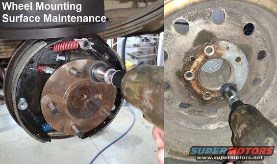 wmsclean.jpg Wheel Mounting Surfaces should be cleaned every time a wheel is removed (including both sides of the drum) to reduce wheel-induced vibrations, and to maintain lug nut torque. This [url=https://www.amazon.com/dp/B07SNGV1S5]inexpensive cleaner[/url] attaches easily to a 1/2-inch power impact driver.

These trucks are notorious for warping rotors, so clean the wheel mounting surfaces before torquing the lug nuts. The best tool is [url=https://www.amazon.com/dp/B0013HHNPY]3M 07547[/url] or 21758 (no apparent difference) or one of the many copies (OTC 8342, OEM 25742, [url=https://www.amazon.com/dp/B015NK6DDO]Hub Buddy 37330[/url] or [url=https://www.amazon.com/dp/B07SNGV1S5]Hub Buddy 1340M[/url], Counteract SBCT13...).

[url=https://www.supermotors.net/registry/media/1040051][img]https://www.supermotors.net/getfile/1040051/thumbnail/52brushed.jpg[/img][/url] . [url=http://www.supermotors.net/registry/media/487374][img]http://www.supermotors.net/getfile/487374/thumbnail/tsb985a4lugtorque.jpg[/img][/url]

The rear axle flanges, and the inner & outer surfaces of the brake drums are equally important to reduce wheel runout.

Then torque the lug nuts to 100 lb-ft, and retorque after 500 miles to fully seat lug studs.  BEFORE DRIVING, pump the brake pedal to seat the pads against the rotors, and recheck the fluid level in the master cylinder.

Ford 8.8&quot; axle uses 10 lug studs D6AZ-1107-A ('83-00)
Dana 44IFS uses 10 lug studs D6TZ-1107-A ('83-96)
Ford TIB axle uses 10 lug studs F4UZ-1107-A ('94-96)