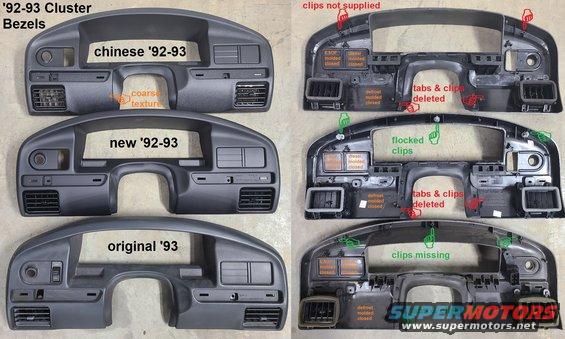 clusters92ofc.jpg Instrument Cluster Bezel comparison between an original '92 F250 gas 2WD bezel (bottom), a new [url=https://www.amazon.com/dp/B000O0899A]Ford '92-93 Instrument Cluster Bezel (F4TZ-15044D70-A)[/url] (middle), and a [url=https://www.amazon.com/dp/B088LLXSYT]chinese knock-off[/url] (top).

[url=https://www.amazon.com/dp/B000O0899A]'94-97 bezel[/url]

Shipping size: 28x13x5&quot; 3.1 lbs