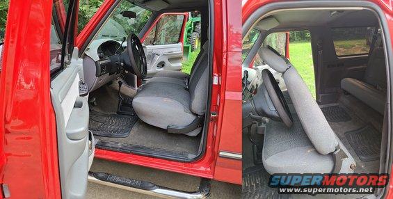 2seatfr.jpg The Opal cloth front bench seat from a '95 F150 has been installed, with its belt buckles, and 4 good headrest catches. The holes for the captain's chairs have been plugged.

Another possible upgrade is power-adjustable pedals, for shorter drivers.

Supply & install custom-modified used OE power adjustable brake & accelerator pedals $400