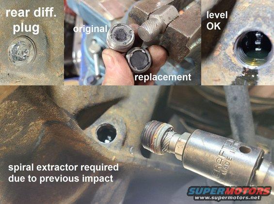 3fluidsaxler.jpg The rear differential plug put up a fight because the last person to check it put it back in with an impact driver, stripping the square drive socket. It took a spiral extractor to get it out. The filings on it aren't good, but they're typical for an axle of this age. It's slightly over full and doesn't smell like it has the correct additive.
IF THE IMAGE IS TOO SMALL, click it.

[url=https://www.supermotors.net/registry/media/193717][img]https://www.supermotors.net/getfile/193717/thumbnail/specsf88clearances.jpg[/img][/url] . [url=https://www.supermotors.net/registry/media/1163625][img]https://www.supermotors.net/getfile/1163625/thumbnail/diffoil1025.jpg[/img][/url]

Extract rear differential fill plug; supply & install used OE plug $40 (done)