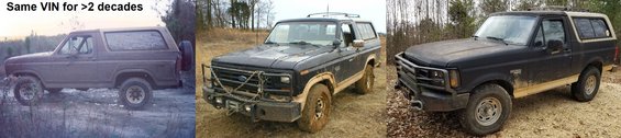 steve833.jpg My '83 Bronco started off as a Custom (lowest trim level). After I rolled it, I rebuilt it as an Eddie Bauer, but with many newer interior parts. When the body & frame started coming apart at the seams (literally), I rebuilt it using the frame & body of a '93, but with the previous engine/trans/axles/camper/seats...
IF THE IMAGE IS TOO SMALL, click it.

The first 2 phases are explained in [url=https://www.supermotors.net/registry/2742/11272-4]this photo album[/url]; the 3rd in [url=https://www.supermotors.net/registry/2742/84654-4]this one[/url].