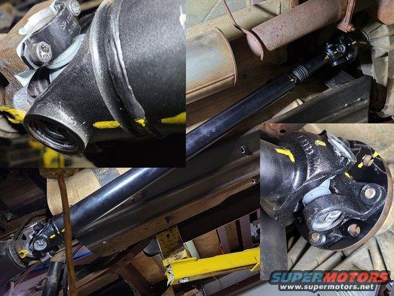 20210402_180545.jpg Both driveshafts got sandblasted & painted, and the mounting surfaces at each end got cleaned & painted. The driveshaft alignment marks are both stamped & painted yellow.
IF THE IMAGE IS TOO SMALL, click it.

The rear driveshaft takes [url=https://www.amazon.com/dp/B00DOIAP1O]Spicer Life series 5-1350X sealed u-joints[/url] at both positions. [url=https://www.amazon.com/dp/B000CKN6Z4]Spicer 3-70-28X Bearing Strap Kit[/url] was not needed at this time.