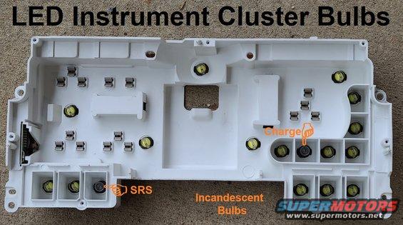 ledswap.jpg Because some circuits rely on the low resistance through original-type incandescent bulbs, they won't work right with the extremely-high resistance &/or polarity of [url=https://www.ebay.com/itm/203920297657]LEDs[/url].
IF THE IMAGE IS TOO SMALL, click it.
This tachometer cluster takes 17 bulbs, 15 of which can be swapped to LED.

[url=https://www.supermotors.net/registry/media/279707][img]https://www.supermotors.net/getfile/279707/thumbnail/clustershells.jpg[/img][/url]