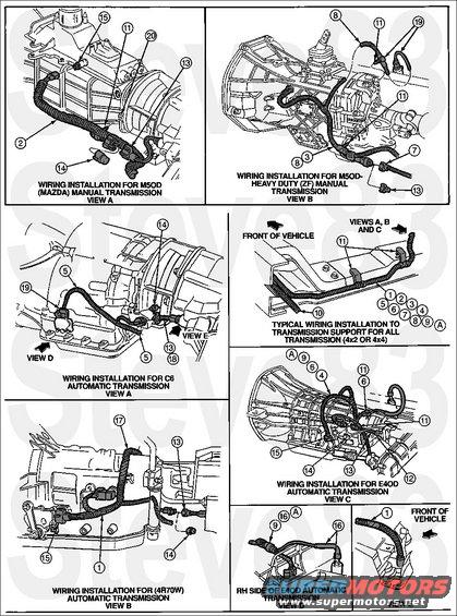 transwiring.jpg Transmission Wiring Routing & Installation
IF THE IMAGE IS TOO SMALL, click it.

 1 15525-A Wiring Assembly with 4R70W Automatic Transmission (5.0L Only)
 2 15525-B Wiring Assembly (All Models with M5R2 or T-18 Manual Transmission)
 3 15525-C Wiring Assembly (F-Series with 4.9L or 7.3L for M5HD-2F)
 4 15525-D Wiring Assembly (F-Series/Bronco with 4.9L, 5.0L, 5.8L under 8500 GVW and 7.3L) E4OD
 5 15525-E Wiring Assembly (F-Series over 8500 GVW with 4.9L for C6 Auto)
 6 15525-F Wiring Assembly (F-Series with 5.8L over 8500 GVW with E4OD Auto)
 7 15525-G Wiring Assembly (F-Series with 5.8L and 7.5L over 8500 GVW with M5HD-ZF Manual)
 8 15525-H Wiring Assembly (F-Series with 5.8L over 8500 GVW or 7.5L for C6 Auto, with HEGO Sensor)
 9 15525-J Wiring Assembly (F-Series with 7.5L and E4OD Auto or 5.8L HP Lightning)
10 14405 Wiring Assembly
11 -- Locator, Install in Hole Provided (Part of 15525)
12 -- Retainer (Part of 15525)
13 14K067 Wiring Assembly (4x4) Indicator Lamp for (4x4) without ESOF
14 14A666 Cover, Standard Production for Shift on the Fly or 4x2
15 15520 Backup Lamp Switch Assembly
16 -- For 7.5L (E4OD Automatic Transmission except F-450 Super Duty) (Part of 15525)
17 -- For Continuation See View E
18 14B166 Indicator Lamp Switch, (4x4) Vehicles without Shift on the Fly19 -- Neutral Start Switch
19 9F472 Heated Oxygen Sensor Assembly (for 5.8L [0/8500 GVW] and 7.5L Engines)
20 -- Retainer (Part of Transmission)
 A -- Wiring to rotate behind Transmission Oil Cooler Tube (for Items 4, 6 and 9 Only)