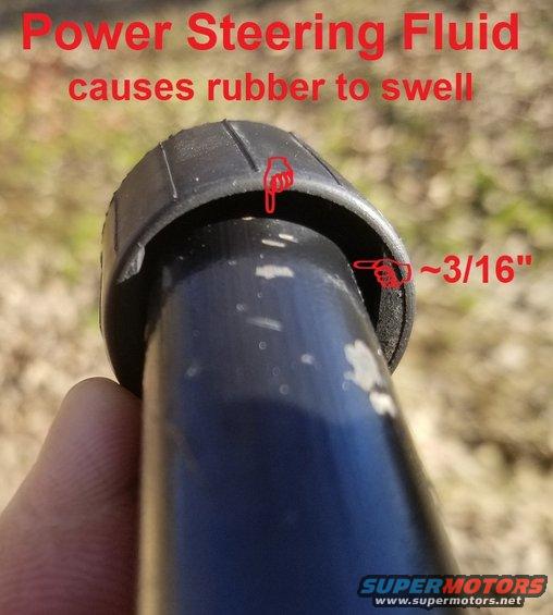 psfswell.jpg Power Steering Fluid
IF THE IMAGE IS TOO SMALL, click it.

Fluid marketed as &quot;power steering fluid&quot; - especially if the label claims it stops leaks or conditions seals - is extremely BAD for everything rubber it touches, INCLUDING the power steering hoses & seals. This is the result of it continuing to leak onto the intermediate shaft seal.