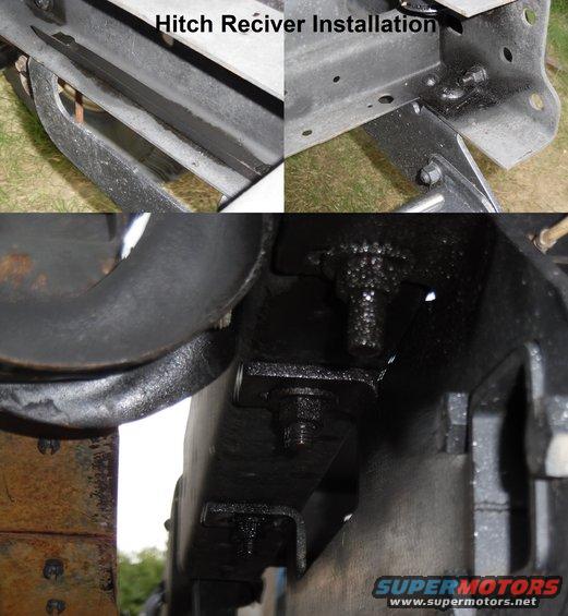 recvrinst.jpg Hitch Receiver Installation
IF THE IMAGE IS TOO SMALL, click it.

So that the nuts can be tightened or removed without a backup wrench on the boltts beside the gas tank, weld them to a plate drilled the same as the frame. After tightening the nuts, spray the exposed bolt threads with common rubberized undercoating to protect them from rust & mud. The undercoating will act as a lubricant later.