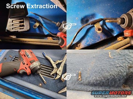 screwextract.jpg Screw Extraction
IF THE IMAGE IS TOO SMALL, click it.

For screws (especially Phillips & Torx) with rusty heads, these left-hand extractors are very convenient & effective.