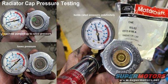 radcapprtest.jpg Radiator Cap Pressure Testing
IF THE IMAGE IS TOO SMALL, click it.

A pressure tester & cap adapter are required to test the radiator cap. If the tools are not available, a [url=https://www.amazon.com/dp/B000C5HR8G]new RS62 cap[/url] is ~$10.