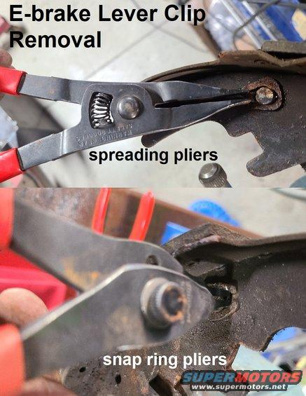 leverclip.jpg Park Brake Lever Clip Removal
IF THE IMAGE IS TOO SMALL, click it.

Either style of spreading pliers will work, if its tips are small enough to get inside the C-clip.

When re-installing the C-clip, compress only its sides to catch the peg's slot - avoid folding the tips in farther than necessary.

[url=https://www.supermotors.net/vehicles/registry/media/1162995][img]https://www.supermotors.net/getfile/1162995/thumbnail/leverclip.jpg[/img][/url]