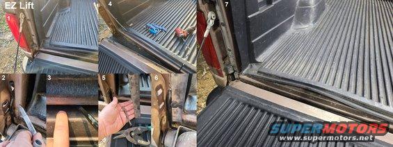 ezlift.jpg [url=https://www.amazon.com/dp/B000CMHVJO]EasyLift[/url] Tailgate Torsion Rod
IF THE IMAGE IS TOO SMALL, click it.

This is the 3rd of my pickups to get this mod, which makes the tailgate much lighter and easier to open & close. Modern tailgates use a gas shock that makes the t/g open slowly, but it doesn't help with closing, so this is actually better, in addition to being cheaper. It also makes the t/g very difficult to steal.

1) Before
2) With the rubber side stop removed, and the side seal out of the way, rest the torsion rod on the lip of the tailgate and mark the height of its vertical dogleg bend on the bed strike.
3) Then mark the horizontal dogleg on the bottom edge (front while it's open) of the tailgate.
4) I prefer to put the rod against the rear surface of the t/g so it's preloaded more, so I drill that hole high. Both holes are slightly elongated by tilting the drill. The left side of the rod is inserted, then the tailgate is stabbed down onto the right end and tilted right to allow the bend in the rod to be inserted up to the horizontal dogleg. Then the t/g is tilted left so the left hinge cup can be stabbed back onto the left hinge (with a plastic insulator) and then the right side is placed back onto its hinge.
5) The side seal must be trimmed to fit around the torsion rod.
6) After re-attaching the seal, the stop can be re-installed.
7) Now the tailgate takes less effort to lift, and doesn't drop as hard when opened; but there is no apparent change. Nothing interferes with normal cargo loading.

See also:
[url=https://www.supermotors.net/registry/media/1148874][img]https://www.supermotors.net/getfile/1148874/thumbnail/tghingeserts.jpg[/img][/url]