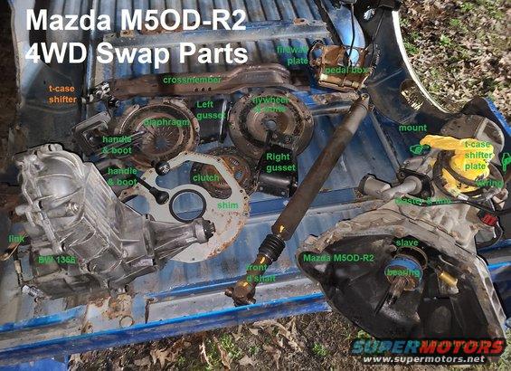 m5odr2bw135695f.jpg M5OD-R2 4WD Swap Set
IF THE IMAGE IS TOO SMALL, click it.
This is nearly everything needed to convert a '92-96 F150 from 2WD to 4WD 5sp w/manual t-case: a good used Mazda M5OD-R2 4WD transmission with shifter/boot/engine shim/flywheel/diaphragm/clutch/wiring/hydraulic system, a good used Borg-Warner 1356 manual-shift F-series transfer case w/lever/knob/boot/NEW shift mechanism, matching crossmember/gussets/bolts, matching front driveshaft, rear d'shaft for 133&quot; WB ONLY, & pedal box with pads/reinforcement/fasteners. A manual-trans starter is also needed.

Most of these parts are now clean, and some have been sandblasted/painted/resurfaced. The axle (not shown) has been stripped, its ruined parts discarded, and most of the rest sandblasted & painted.

[url=https://www.supermotors.net/registry/media/1168693][img]https://www.supermotors.net/getfile/1168693/thumbnail/m5odr2954wd.jpg[/img][/url] . [url=https://www.supermotors.net/registry/media/1168692][img]https://www.supermotors.net/getfile/1168692/thumbnail/crossmember.jpg[/img][/url] . [url=https://www.supermotors.net/registry/media/1172718][img]https://www.supermotors.net/getfile/1172718/thumbnail/d44ifs95f.jpg[/img][/url] . [url=https://www.supermotors.net/registry/media/1168694][img]https://www.supermotors.net/getfile/1168694/thumbnail/shifterm5odr2.jpg[/img][/url] . [url=https://www.supermotors.net/registry/media/1164863][img]https://www.supermotors.net/getfile/1164863/thumbnail/flywheel9549l.jpg[/img][/url] . [url=https://www.supermotors.net/registry/media/1164864][img]https://www.supermotors.net/getfile/1164864/thumbnail/engplate9549l.jpg[/img][/url] . [url=https://www.supermotors.net/registry/media/1164865][img]https://www.supermotors.net/getfile/1164865/thumbnail/shiftertcase9297.jpg[/img][/url]

To install in a Bronco, you'd also need a Bronco-specific (rear output flange instead of slip-yoke) transfer case, and a Bronco-specific rear driveshaft for Mazda M5OD-R2.