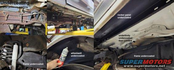 undercoating95b.jpg Undercoating
IF THE IMAGE IS TOO SMALL, click it.

Since paint dries too hard & brittle for the undercarriage (it chips, flakes, & causes rust; even when applied to NEW steel at the factory), the best coating for it is undercoating (naturally). It's cheaper, quicker, easier to touch-up, and doesn't flake off like paint, collecting water, sand, & salt. The only prep necessary is a few cycles of pressure-washing & drying.
[url=https://www.rustoleum.com/product-catalog/consumer-brands/auto/truck-bed-and-undercoating/rubberized-undercoating]Rustoleum Site[/url]
[url=https://www.rustoleum.com/-/media/F688E8C6023342EB9BB37B5E564CB119.ashx]Can Label[/url]