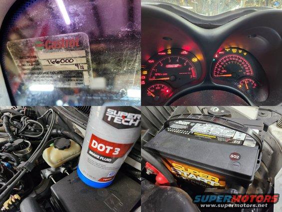 oil161k.jpg Oil & Brake Fluid Change
IF THE IMAGE IS TOO SMALL, click it.

After changing the oil & installing an [url=https://www.amazon.com/dp/B00496MAWC]ACDelco PF47E[/url] filter, the oil light was reset (floor & release gas pedal 3x within 5 seconds of turning key to RUN with engine OFF) and a new sticker was applied to the windshield. The dark brake fluid was also removed & replaced. The battery had been replaced a few months before.